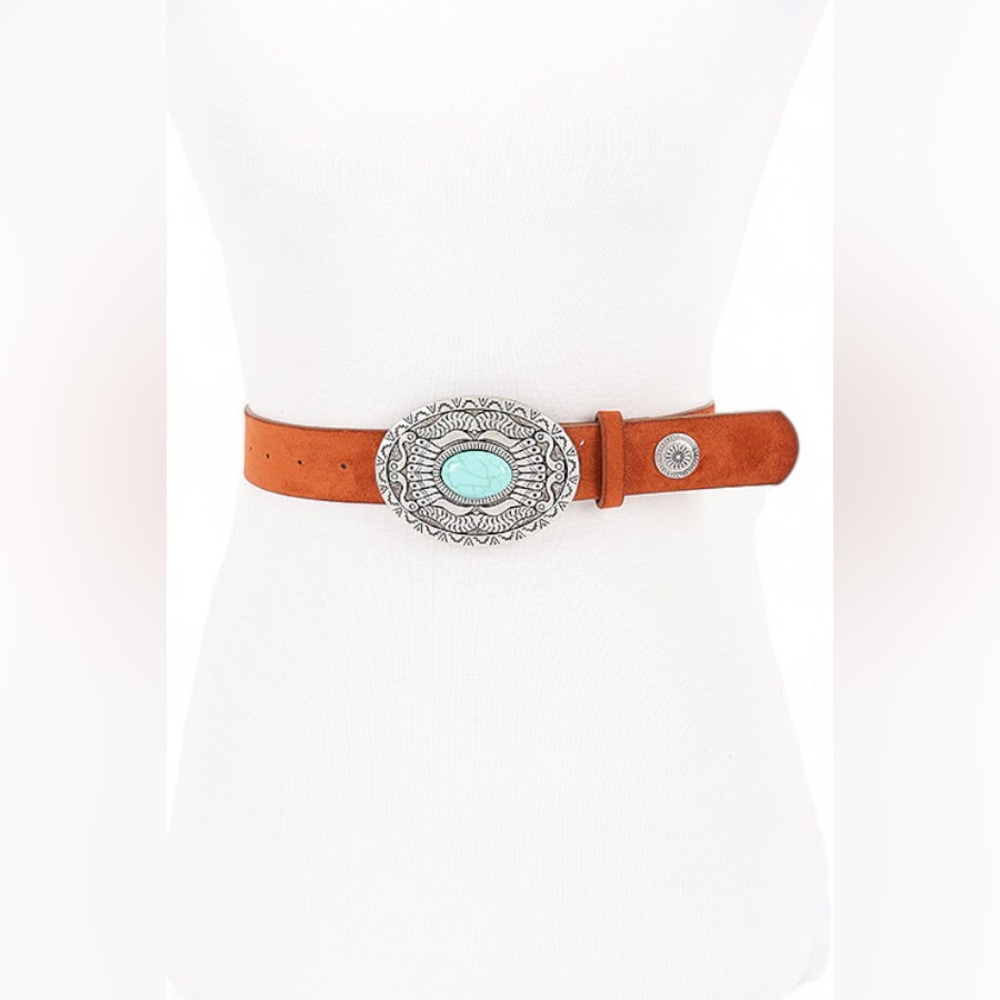 Plus Size Camel Leather w/Turquoise Accent Statement Belt